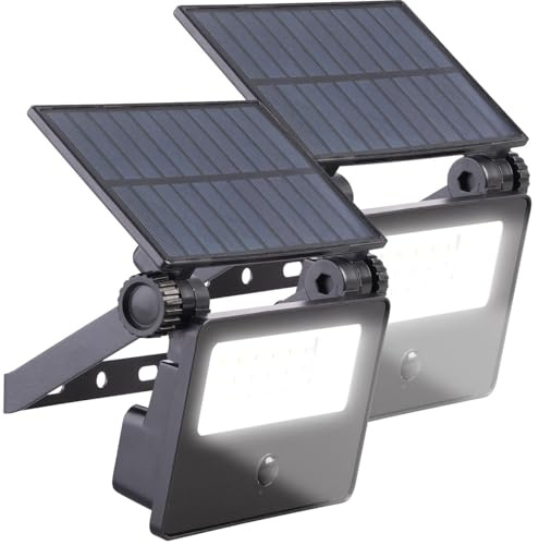 Luminea Solar LED Fluter: 2er-Set Solar-LED-Wandfluter mit Bewegungssensor, 400 lm, 1.200 mAh (Strahler Bewegungsmelder, Strahler Außenbereiche, Dachrinnenleuchten Nachtlicht Funktion)