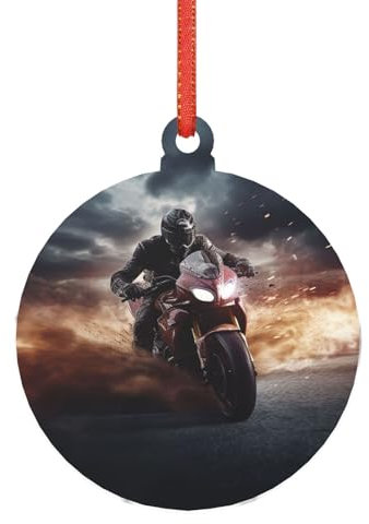 Weihnachtsschmuck Man Ride A Motorrad mit goldfarbenem Band, Weihnachtsbaum, Acryl, runde Form, hängende Ornamente, Anhänger, Weihnachtsbasteln für Urlaub, Party, Dekoration, Geschenk