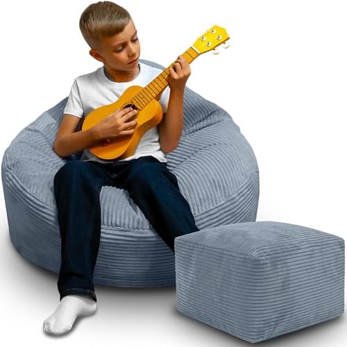 DreamRoots Sitzsack Erwachsene Cord oder Kinder - Bean Bag Sofa - Sitzsack Cord mit Hocker und Bezug - Sitzsäcke mit Füllung 70x70x70 cm Baltic Sea