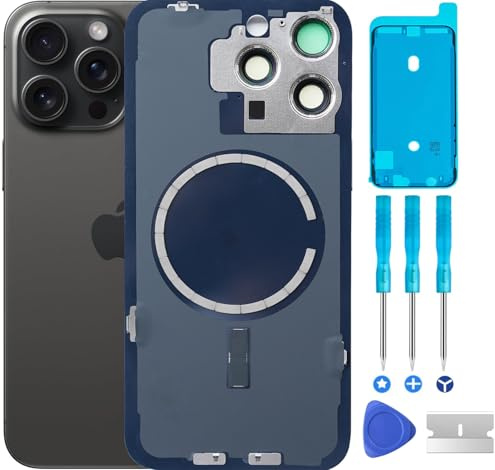 ABUSVEX Original Rückglasabdeckung, Akku-Tür-Ersatz & wasserdichtes Klebeband, vorinstallierter Kamerarahmen für iPhone 15 Pro, alle Träger, Reparatur 15 Pro Werkzeug (schwarzes Titan)