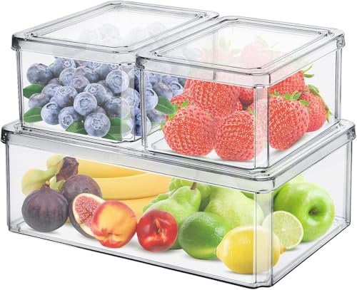 Voency Fridge Food Storage Containers, Set of 3 Fridge Organizer Stackable Refrigerator Organizer Bins with Lids, Plastic Refrigerator Storage Box to Keep Fruits, Eggs, Vegetables,meat.