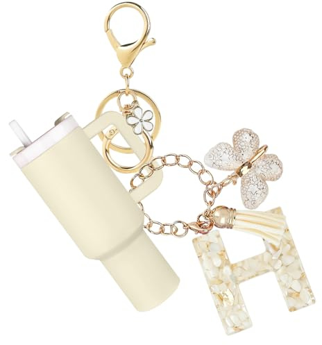 ERTUNA Mini Tumbler Keychain Accessories for Stanley Cup with Letter Charm, Cute Initial Charms Chapstick Lip Balm Holder for Women Purse Handbag - White H