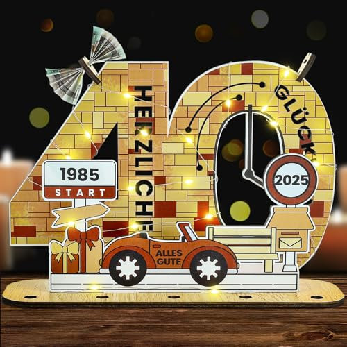 Belillpipi 2025 Holzfarbe Originelle 40 Geburtstag Deko Geburtstag Holz mit LED, Frauen & Männer Geburtstag Pixel Retro Holz-Schild Gästebuch für Geschenke, Partys, Geburtstage, Jubiläum