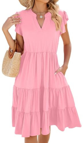 Yutdeng d'été Femme Robe Courte avec Poches Décontracté Col en V Robe à Manches Courtes à Volants Bohème Chic et Élégant A-Line Vacances Mini Dress,Rose,XL