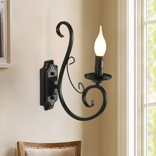 Ganeed Wall Light Bedside Sconce Lamp Antique Looking Wrought Iron Design Retro Wall Sconces for Living Room Stairwell Foyer E14 Black 1 Light (2 Packs)