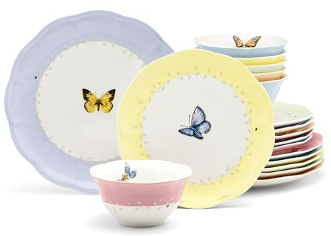 Lenox Butterfly Meadow Colors Porcelain 18-Piece Dinnerware Set for 6 | ceramic, dishwasher safe, microwave safe | plates and bowls sets for kitchen and dining | 10.75 inch plate