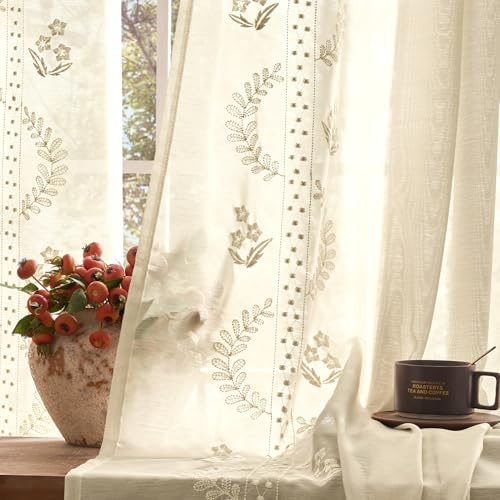 TOPICK Gardinen mit Ösen Gardinenschals 2er Set Vorhänge Wohnzimmer modern Schlafzimmer, H245xB140 cm Fenstervorhang Ösenvorhang Curtains Living Room Leinenoptik Voile Vorhang lichtdurchlässig Beige