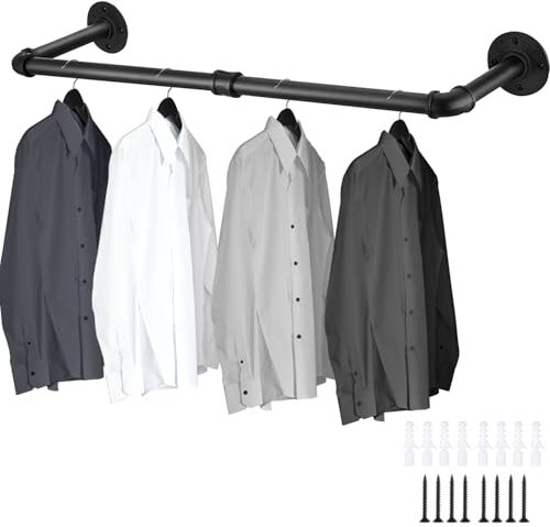 Exquilnova Wall Mounted Clothes Rail,Black Metal Clothing Rack,Multifunctional Heavy Duty Clothes Rail,Hanging Rails Suitable for Bedroom,Laundry,Kitchen,Bathroom (90CM)