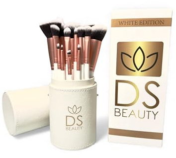 DS BEAUTY Set di 14 Pennelli Make Up Professionali - Morbidi, Ipoallergenici, per Fondotinta, Ombretti e Cipria in Custodia Elegante e Portatile a Tubo - Ideale per Principianti ed Esperti (Bianco)