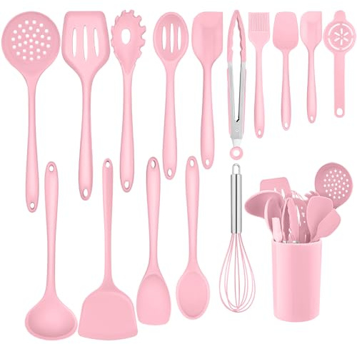 Homikit Juego de utensilios de cocina de silicona, 16 piezas, utensilios de cocina, resistentes al calor, juego de utensilios de cocina rosa con soporte para utensilios, saludable y antiadherente