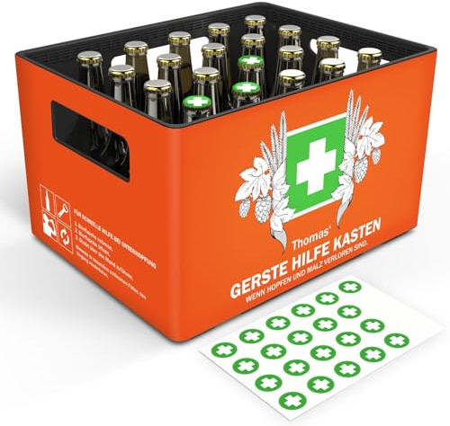 GRAVURZEILE Bierkasten-Banderole - Gerste Hilfe - Personalisiert mit Name - Geschenkidee für Männer zum Vatertag & Geburtstag - Inkl. 24 Flaschendeckel-Aufkleber - Passend für 20er Bierkasten