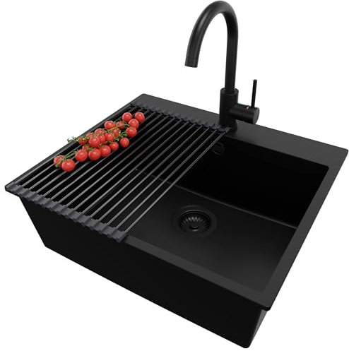 PRIMAGRAN Lavandino da Cucina Tutto Nero 58x50cm, Lavello in Granito a 1 vasca + Rubinetto 32x20cm + Set di accessori, Lavabo Incasso al mobile 60cm - Riga S220