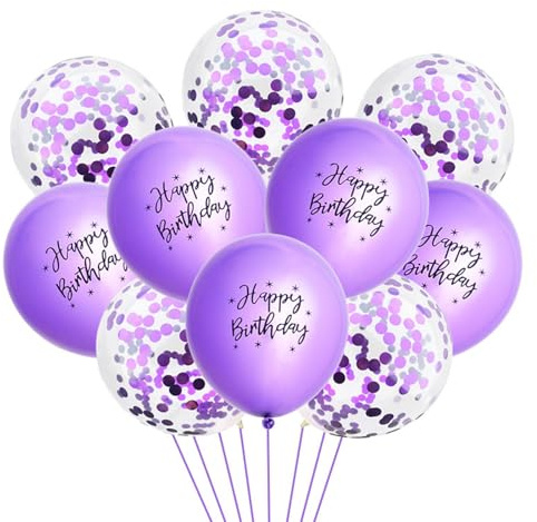 Gleemix 10 Stück Happy Birthday Ballon Lila Metallic mit Konfetti, 12 Zoll Luftballons Geburtstag, Helium Ballons Geburtstag Lila, Luftballons Metallic Deko Party Kindergeburtstag