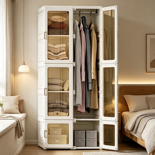 JiaOyu Kleiderschrank Weiß, Aufbewahrungsschrank Faltbar mit Kleiderstange, Schlafzimmerschrank Mehrzweckschrank für Wohnzimmer Schlafzimmer Wohnung, Sehr Einfache Montage (170x50x69cm)