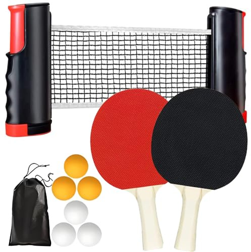 CUEMOON bordtennisnät bordtennis, 2 racketar, 6 bollar, utdragbart nät och bärväska, för barn, familjer