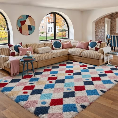 HUGEAR Kariert Flauschig Teppich Wohnzimmer 200x300cm Multicolore Shaggy Carpet