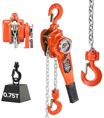 VEVOR Manual Lever Chain Hoist, 3/4T 750KG Capacity Heavy Duty Come Along, 3M Lift G80 Alloy Steel Chain With Dual Pawl Mechanical Brake, 360° Rotating Hooks, for Warehouse Construction Garage