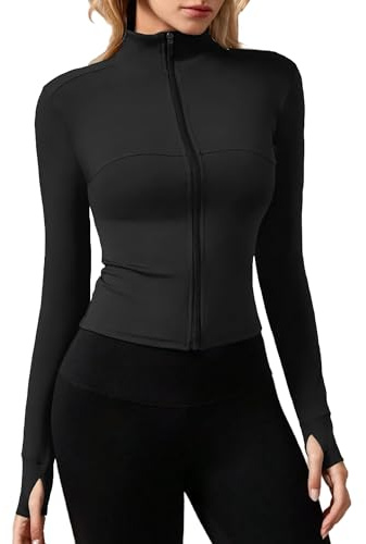 JTSONN Veste de Sport Femmes Ajustée Course Manches Longues Légère Respirante Veste de Gym Avec Passe-pouce Fermetures éclair Vestes Haut Yoga Course Fitness