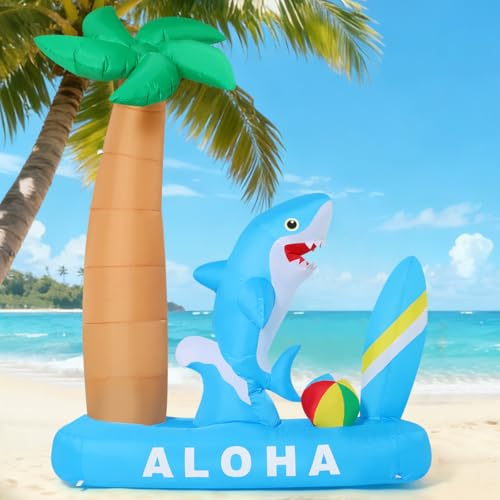 GOOSH Requin gonflable d'été de 2,3 m avec palmier, planche de surf et ballon de plage, décoration d'extérieur gonflable avec lumières LED pour fête sur la plage hawaïenne, jardin, pelouse