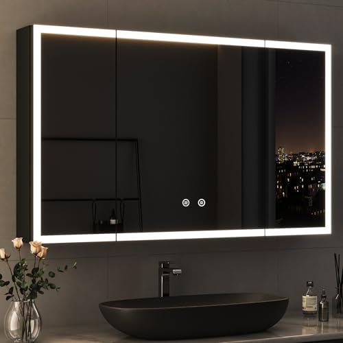 Boromal 3 Türen Spiegelschrank Bad mit Beleuchtung Schwarz Spiegelschrank mit Beleuchtung Metall LED Badezimmerschrank mit Dimmbar + Beschlagfrei + Stecker (90 x 60 x 13,5 cm)