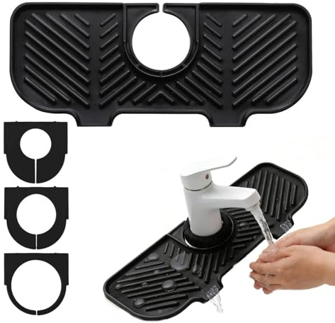1PCS Kitchen Sink Splash Guard, Silicone Faucet Mat for Draining, Adjustable 3-Size Ring Water Splash Guard Pad, Dual Drainage Sink Mat for Bathroom Worktop Protect, Black 27x11cm