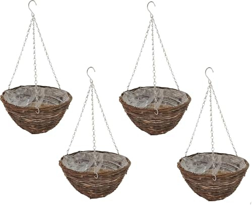 Quickdraw 4 x Rattan Hanging Baskets 16” – Round Outdoor Planters with Liner & Chains – Weather Resistant Wicker Basket Flower Pots for Garden Plants & Flowers