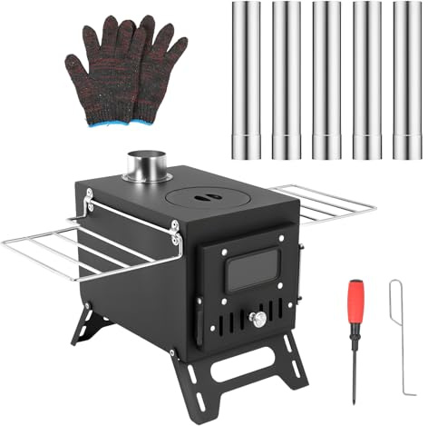 Camping Ofen Camp Feuer Edelstahl Zeltofen mit Kamin Tragbarer Holzofen Holzkocher Campingofen Outdoor Aufgeklappte Größe 54x34x141 cm Schwarz