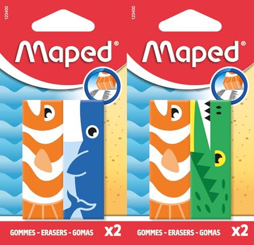 Maped ANIMAL Radierer 2er Set – Bleistift Radierer für Schule & Federmappe, kompakter Schulradierer mit hoher Löschkraft, rechteckiges Format, lustiges Tierdesign für Kinder, Schulbedarf
