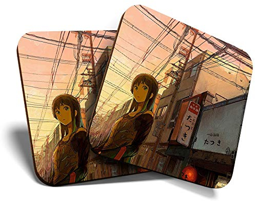 2 x Square Coasters - Japanese Anime Girl Cartoon Japan Cork Backed Home Kitchen Accessory Tea Coffee Mug Mat #45429