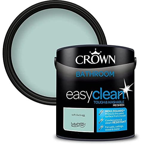 2.5L CROWN Easyclean Bathroom MID-SHEEN Emulsion Multi Surface Paint With MOULDGUARD+ That can be Used on Walls, Ceilings, Wood and Metal. Stain & Scrub Resistant Formula – Soft Duck Egee