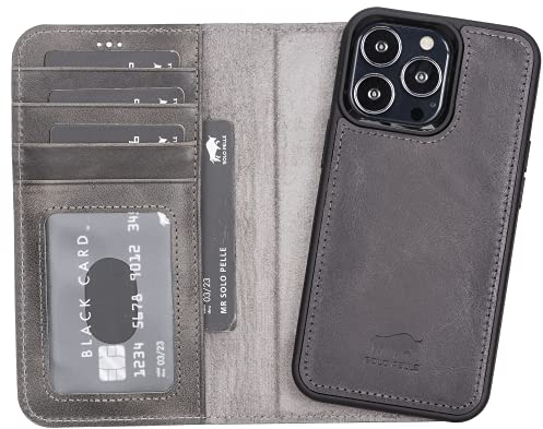 Solo Pelle Lederhülle kompatibel für iPhone 13 Pro in 6.1 Zoll abnehmbare Hülle (2in1) inkl. Kartenfächer für das original Apple iPhone 13 Pro (Steingrau)