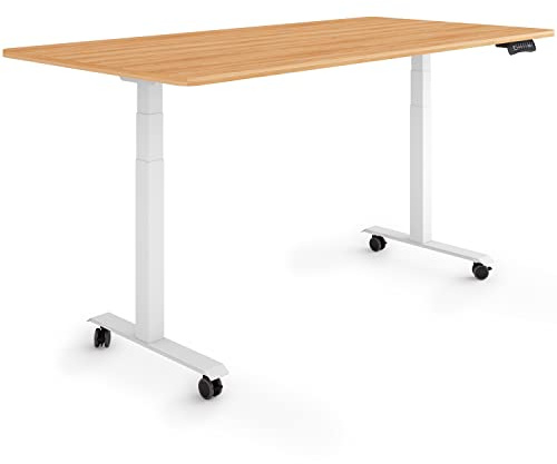 ESMART EZX-132WM elektrischer Steh-Sitz-Schreibtisch auf Rollen | 160 × 80 cm, Ahorn-Dekor, Höhe 65,5–130,5 cm, 3 Speicherplätze, Aktivitätserinnerung, stufenlos höhenverstellbar