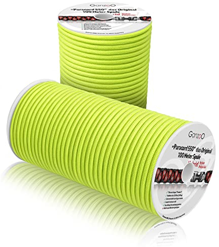 Ganzoo Paracord 550 Seil neon grün, 4mm, Typ 3, Nylon Polyester, Hybrid, Armband, Hunde-Leine, Hunde-Halsband knüpfen, ca. 250kg Bruchlast, Outdoor Rope, Camping Schnur, Allzweckseil, 100 Meter
