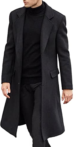 ECDAHICC Men's Casual Slim Fit Wool Coat Long Jacket Notch Collar Trench Coat Single Breasted Coat Winter Warm Outerwear, black, L