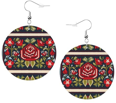 YYHWHJDE Runde Ohrringe mit ukrainischem Stickerei-Stil, Rosenmuster, 2 Stück, stilvoll und schön, leicht, baumelnd für Frauen und Mädchen, Einheitsgröße, Leder