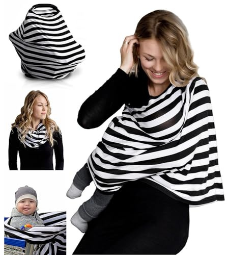 Stillschal aus Baumwolle mit Streifenmuster für Mädchen und Jungen | Elastisches Design, Sichtschutz und Sonnenschutz, für Kinderwagen Unterwegs, Schwarzweiß Gestreift