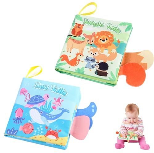 Baby Spielzeug 0-6 Monate, 2PCS Babybuch Stof Fühlbuch, Babybuch Stoffbuch 3D Bilderbuch, Stoffbücher Fühlbuch, Sensorik Montessori Baby Kinderwagen Spielzeug, Geschenk für Neugeborenen
