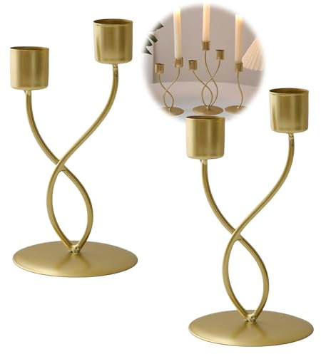 HSTWODE kerzenständer Gold schwarz, Blumen-Kerzenständer 2er Set, stabkerzenhalter für Hochzeit Räucherkegel Spa Gebet Home Party, Weihnachts Tisch Deko, Adventskranz (Gold, 2 Gabeln)