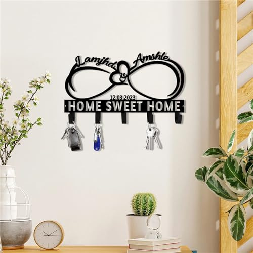 Porte-clés mural personnalisé en forme de cœur infini pour couple avec nom, date, porte-clés, porte-clés, lettres initiales, porte-clés, porte-manteau de famille, cadeau de pendaison de crémaillère