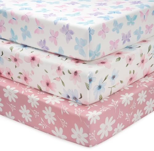 FIEMOL Baby Spannbettlaken 70x140 cm Kinderbett Spannbetttuch, 3er-Pack Mikrofaser Bettlaken Für Babybett, Ultrasanft & Seidigglatt Kinderbettlaken Rosa Schmetterlingsblume