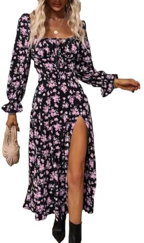 fdsmall Midi Dress for Women Long Sleeves Floral Print A-Line Square Neck Tie Front Ruffle Hem Split Boho Beach Dresses (UK, Alpha, M, Regular, Regular, Purple)