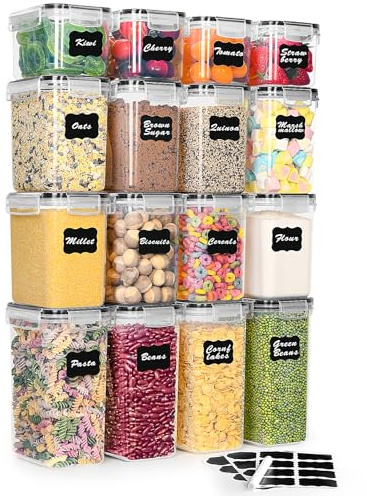 GENERIX Airtight Food Storage Containers Set of 16 with Lids – BPA-Free Plastic Kitchen & Pantry Organizer for Dry Food, Cereal, Flour, Sugar & Pasta – Stackable Containers with Labels & Marker