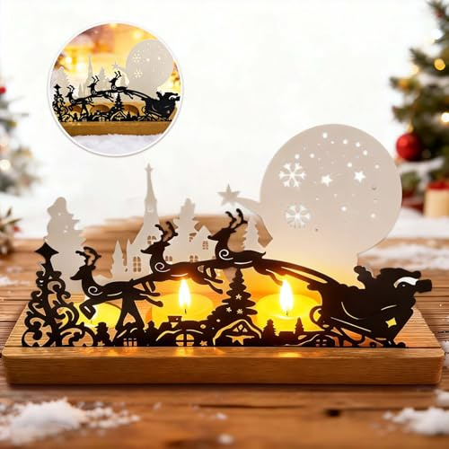 Betensh Adventskranz Deko Windlicht aus Metall mit Strass und Mondstern, stabiler Holzfuß 28 x 12,5 x 8 cm, festliches Dekorationselement