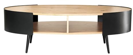Calicosy – Table Basse Ovale 2 Niveaux – Pieds et Flancs en Métal Noir – Plateau Décor Bois – Collection Eklo – Salon – L 120 x P 60 x H 39 cm