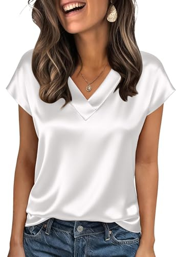 Zeagoo Chemisier Femme Satin Manches Courtes col V Été Soie Élégante Blouse | Couleur Unie Silk Tshirt| Business Shirts| S-XXL
