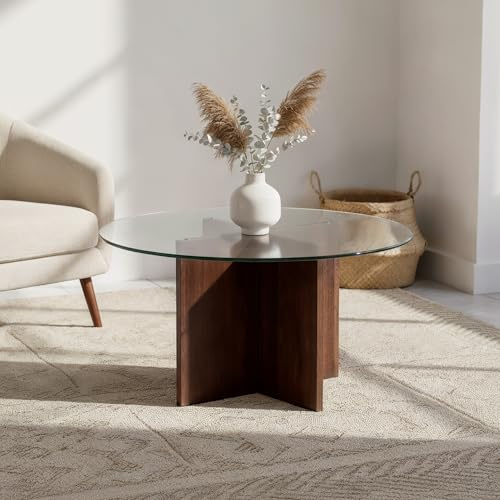 Sicaan Table Basse Ronde Giulia Ø80 cm – Verre Trempé Transparent 10 mm – Structure Effet Noyer – MDF – Hauteur 45 cm – Charge 50 kg – Pieds 44 cm – Salon Moderne – Montage 15 Min – Garantie 2 Ans