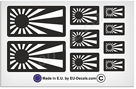 9 x Japan aufgehende Sonne Flaggen schwarz und weiß laminierter Aufkleber für Helm und Fahrrad, MioVespa Kollektion