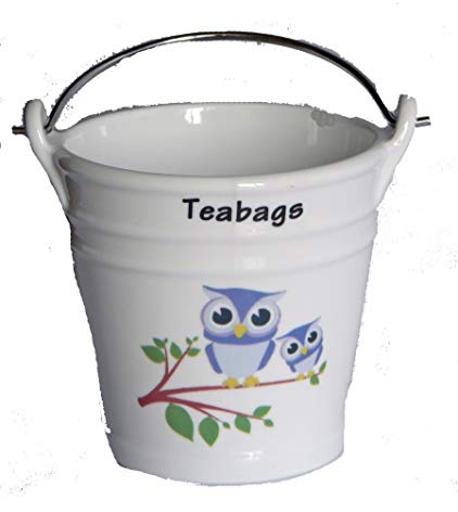 Fun Owl and owlett Design Bucket Teabag Tidy, Porcelain Bucket Teabag Tidy