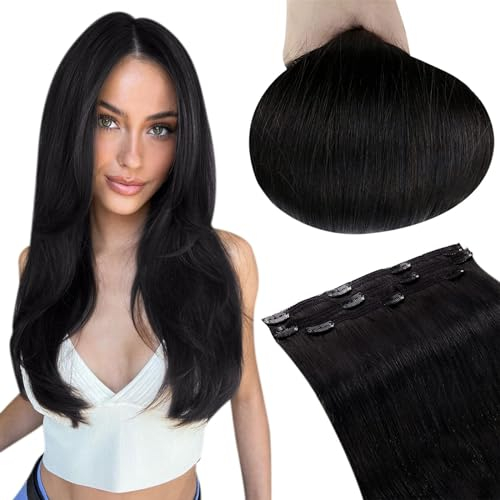 RUNATURE Clip in Extensions Echthaar 40cm 3pcs Schwarz Menschliches Haar 50g Naturliches Haarverlängerung #1B