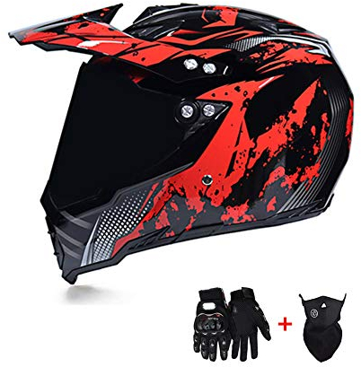LEENY Motocross-Helm Herren Crosshelm Full-face Schutz mit Sonnenblende Visier Maske Handschuhe, Motorradhelm Motorrad Off-Road ATV MTB Quad Motorräder Racing DH Enduro Integralhelm, Schwarz Rot,L